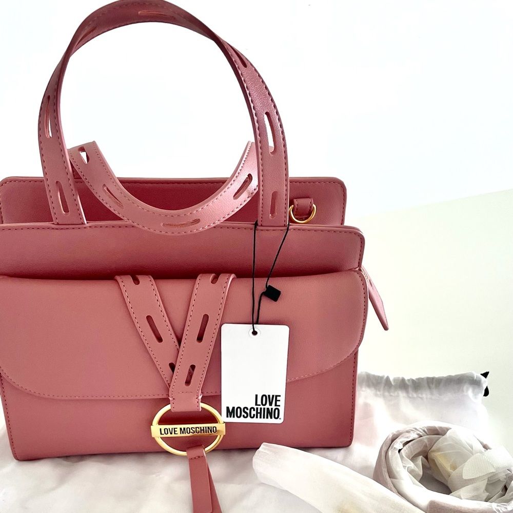 LOVE MOSCHINO. DUSTY ROSE TOP HANDLE HAND BAG WITH REMOVABLE STRAPS. NEW